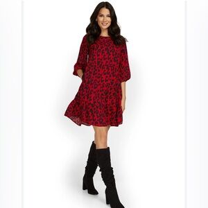 Red leopard print l/s tiered dress with pockets
